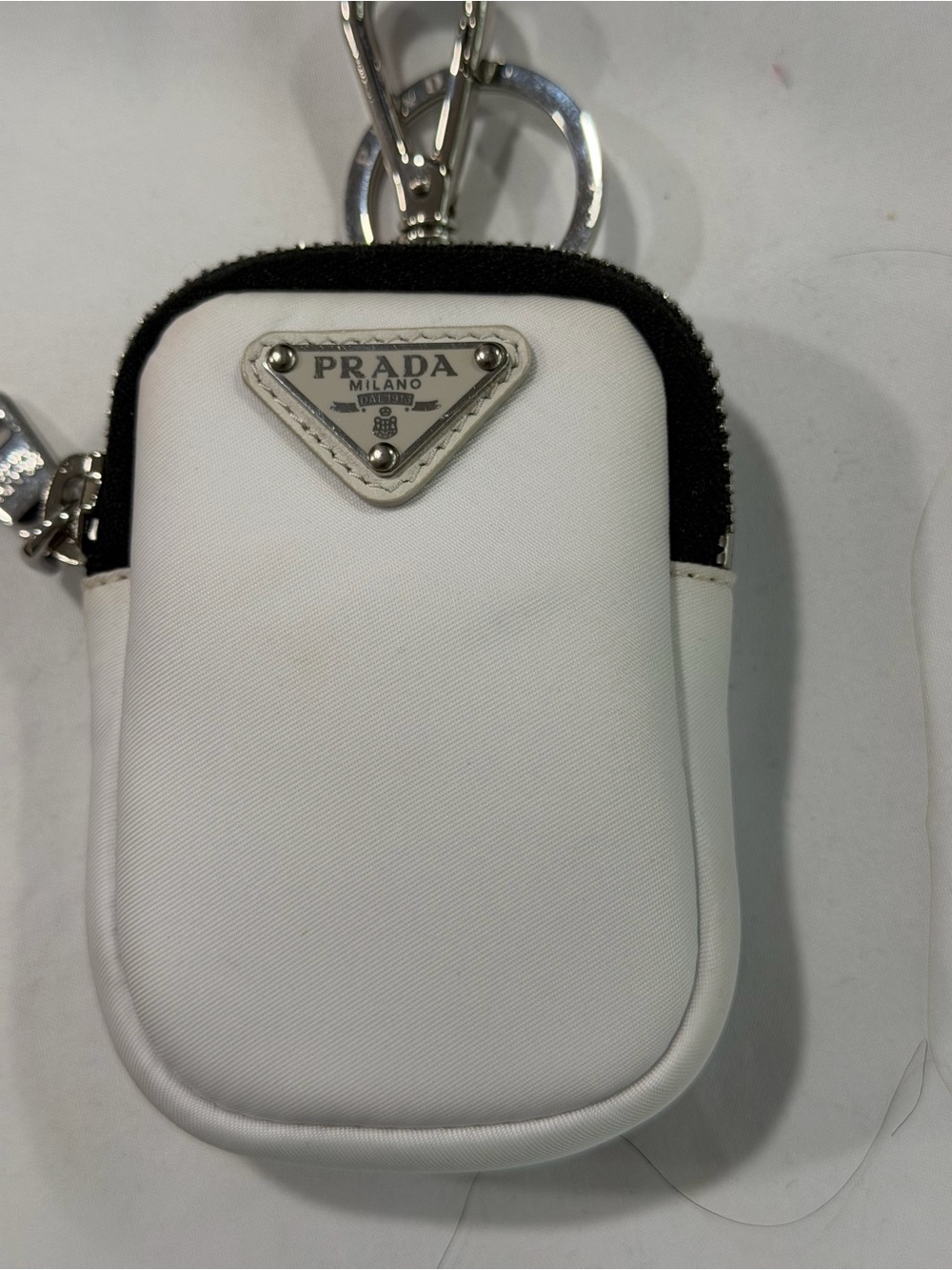 Prada White Nylon Key Pouch with Black Trim and Silver Hardware